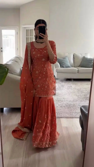 Embroidered Faux Georgette Sharara Set with Dupatta