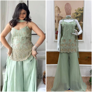 Sage Floral Embroidered Kurti Set