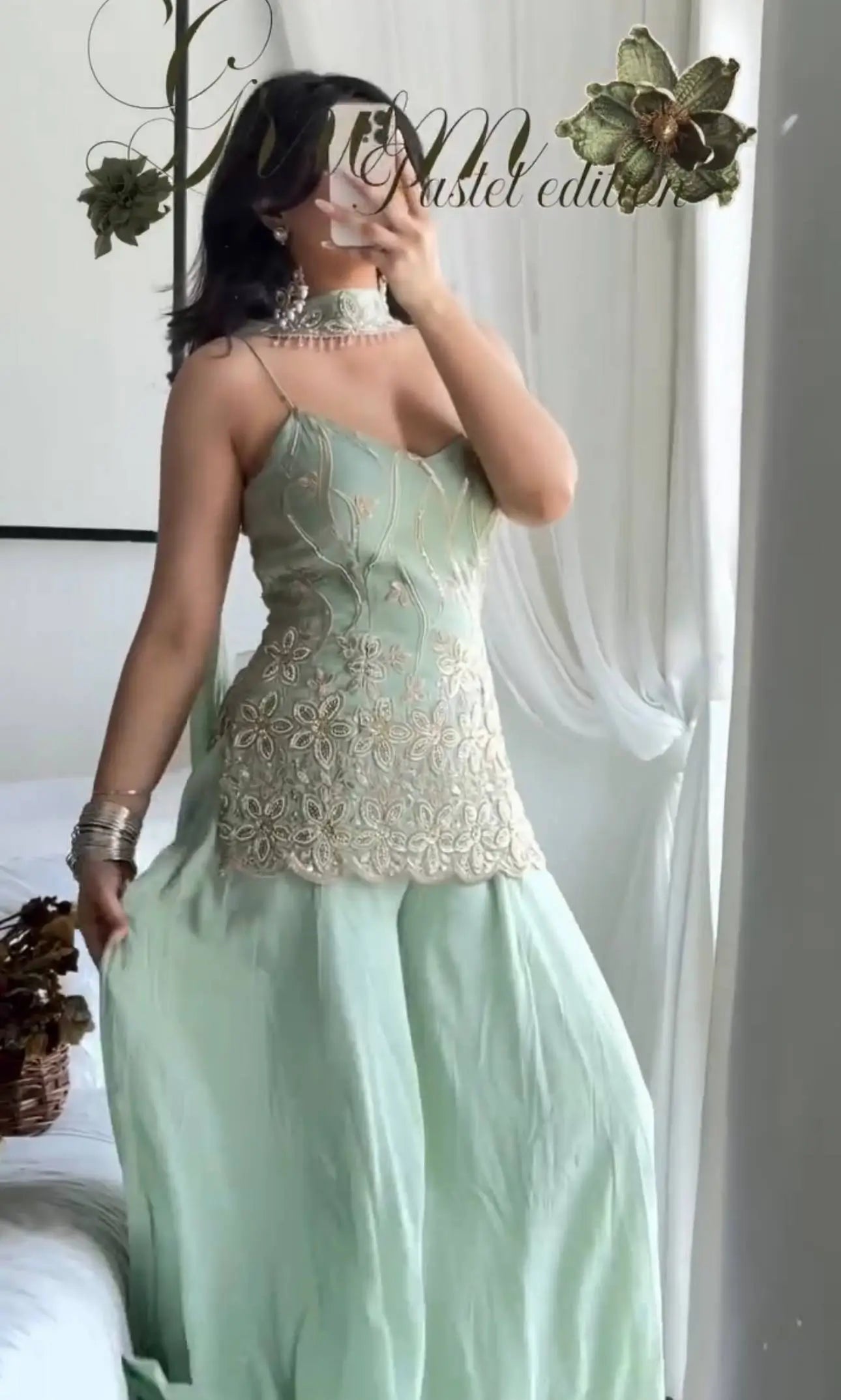 Sage Floral Embroidered Kurti Set