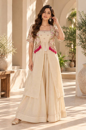 Ivory Floral Tassel Cape Palazzo Set