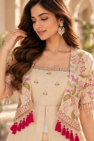 Ivory Floral Tassel Cape Palazzo Set