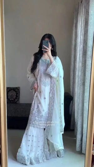 Georgette Thread Sequin Embroidered Sharara Suit Set with 4-Side Lace Dupatta | Festive Wedding Wear