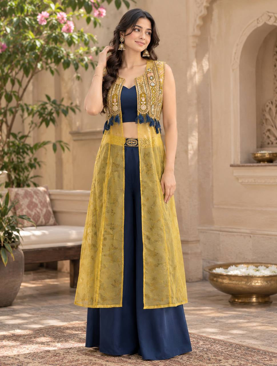 Mustard Navy Tassel Jacket Palazzo Set