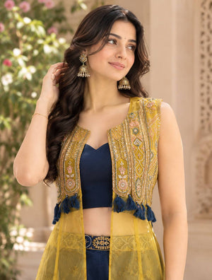 Mustard Navy Tassel Jacket Palazzo Set