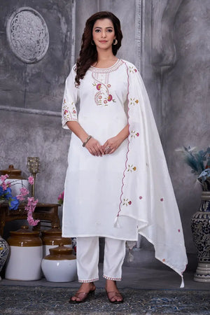 Embroidered Roman Silk Kurti Pant Set with Dupatta