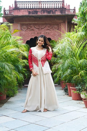Embroidered Bandhej Koti with Choli and Palazzo Set