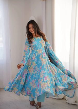 Soft Organza Silk Floral Anarkali Set with Gota Patti Dupatta