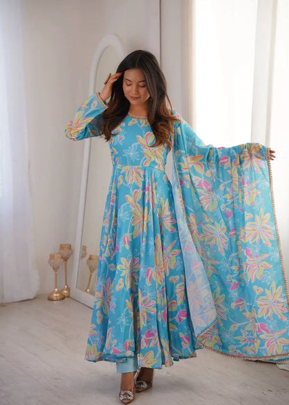 Soft Organza Silk Floral Anarkali Set with Gota Patti Dupatta