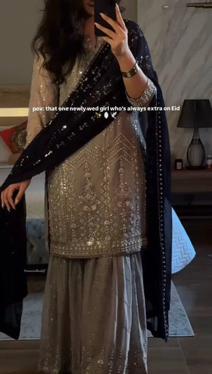 Embroidered Faux Georgette Gharara Suit Set with Dupatta