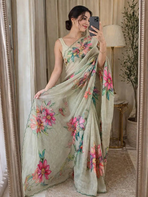 Floral Linen Silk Saree for Festive and Elegant Day Wear