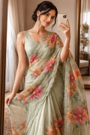 Floral Linen Silk Saree for Festive and Elegant Day Wear