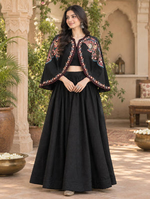 Black Paisley Cape Flared Skirt Set