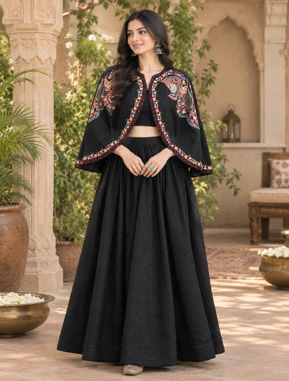 Black Paisley Cape Flared Skirt Set