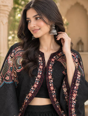 Black Paisley Cape Flared Skirt Set