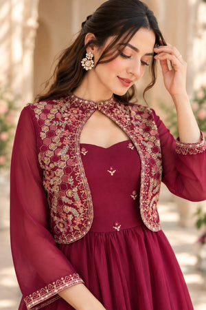 Wine Honeycomb Jacket Flared Gown