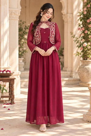 Wine Honeycomb Jacket Flared Gown