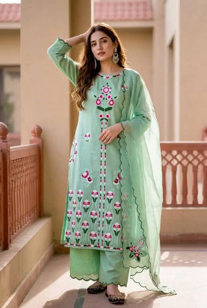 Mint Chikankari Floral Suit