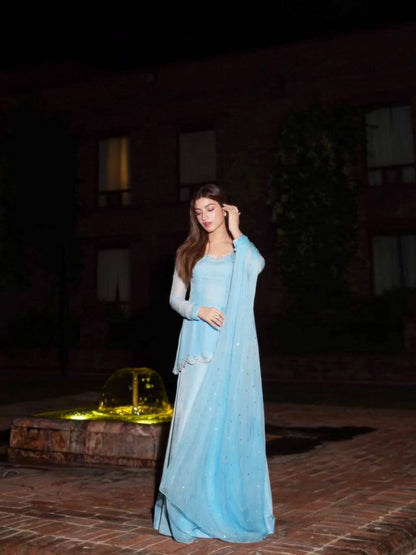 Sky Blue Cutwork Peplum Palazzo Set