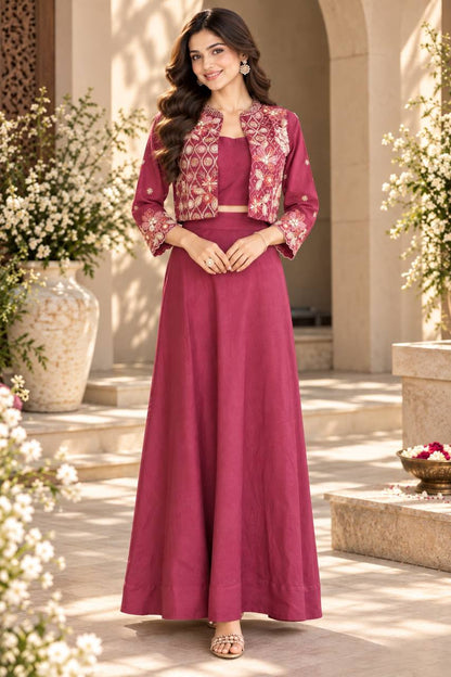 Wine Pink Embroidered Jacket Skirt Set
