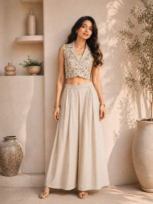 Beige Floral Embroidered Waistcoat Set