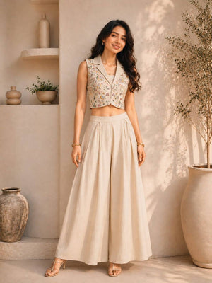 Beige Floral Embroidered Waistcoat Set