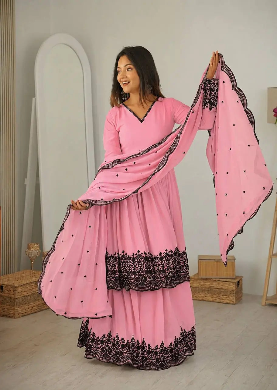 Thread Work Natural Crepe Kurta Pant Set with Dupatta