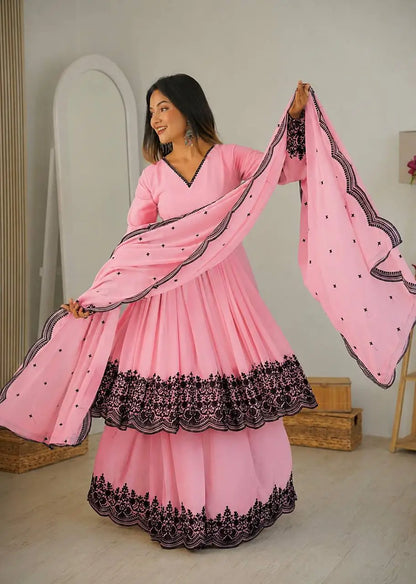 Thread Work Natural Crepe Kurta Pant Set with Dupatta