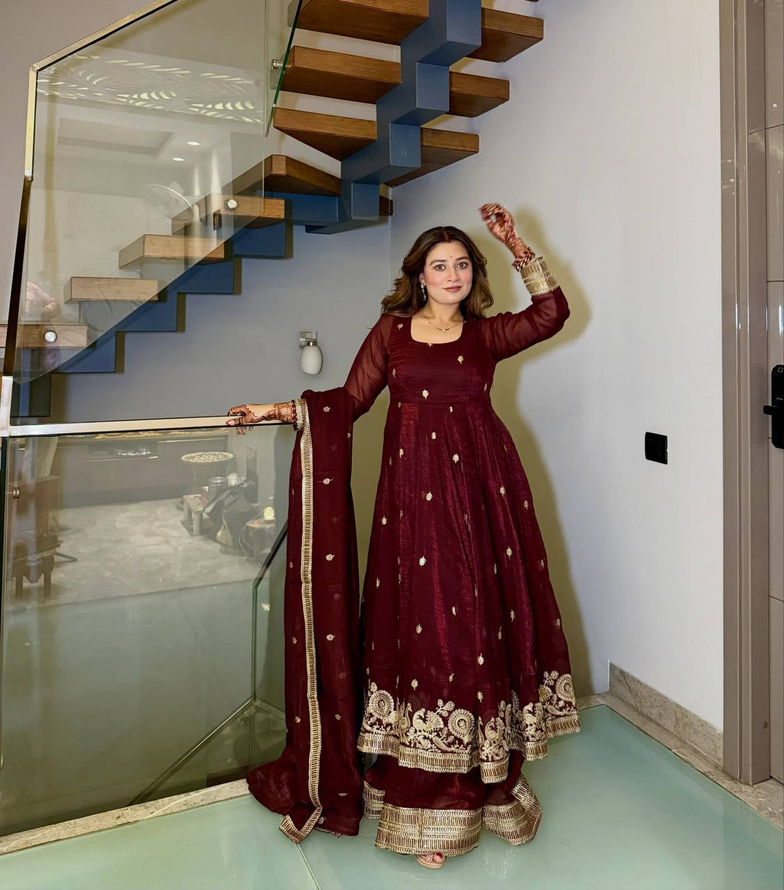 Maroon Gold Booti Embroidered Sharara Set