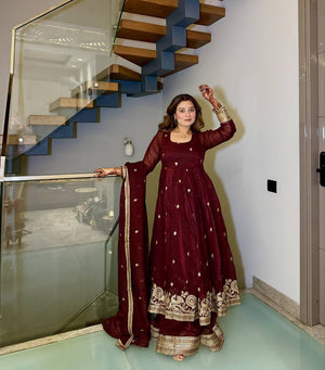 Maroon Gold Booti Embroidered Sharara Set