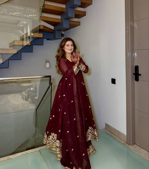 Maroon Gold Booti Embroidered Sharara Set