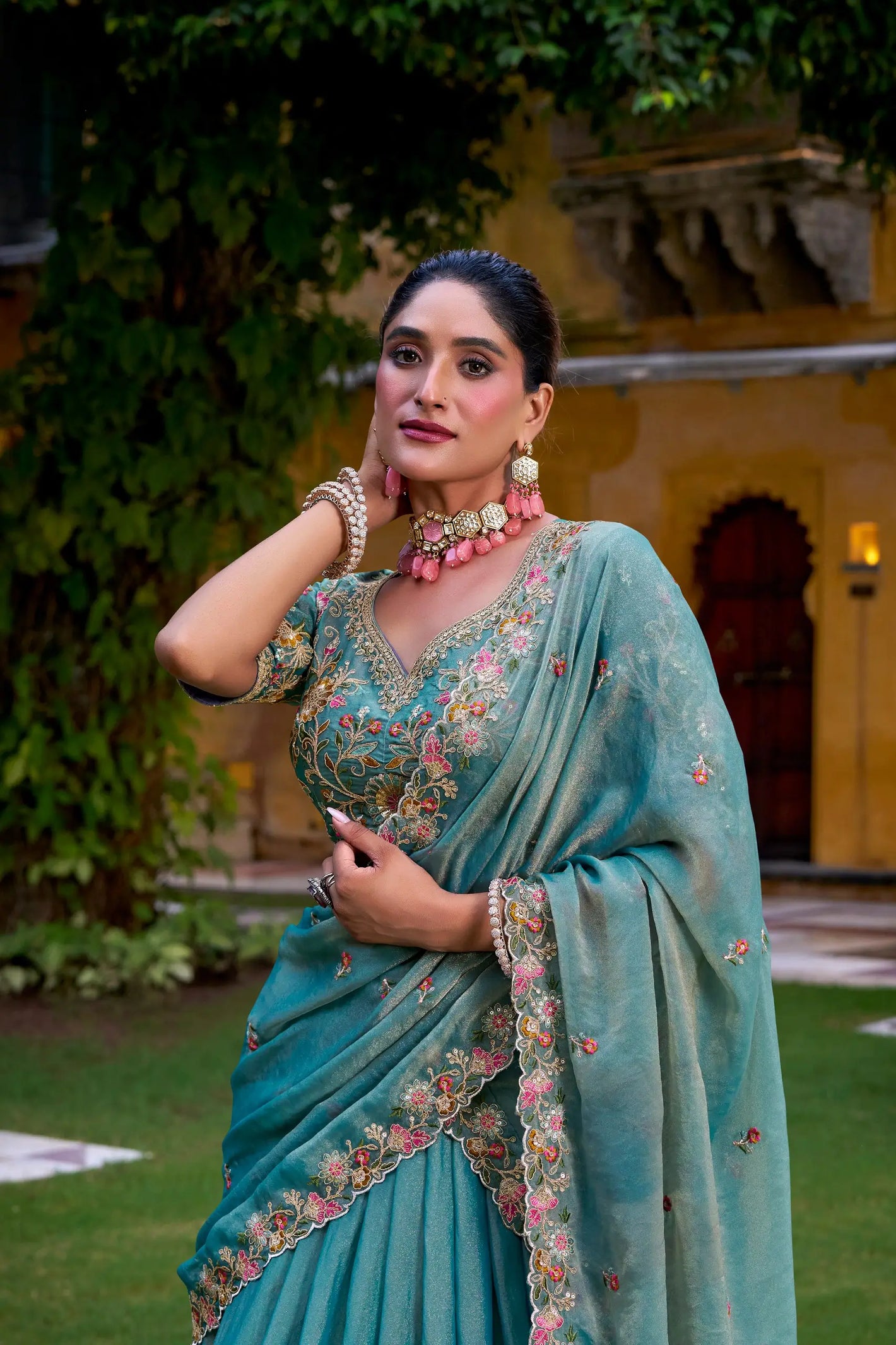 Aqua Bloom Zari Shimmer Embroidered Sequin Lehenga Set