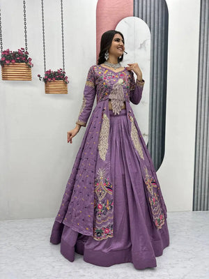 Embroidered Vichitra Crop Top Lehenga Set with Shrug