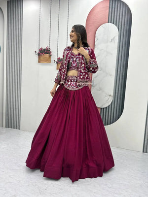 Vichitra Silk Embroidered Crop Top Lehenga with Jacket, Belt & Can Can – Festive Wedding Party Wear