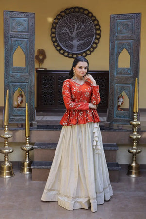 Designer soft white Lehenga with Long peplum blouse for Festive Occasions