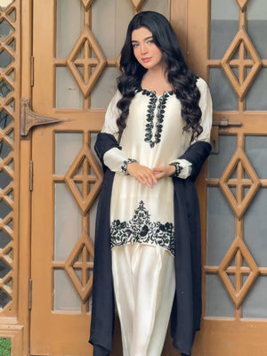 Ivory Black Botanical Embroidered Kurti