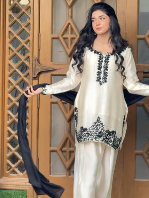 Ivory Black Botanical Embroidered Kurti