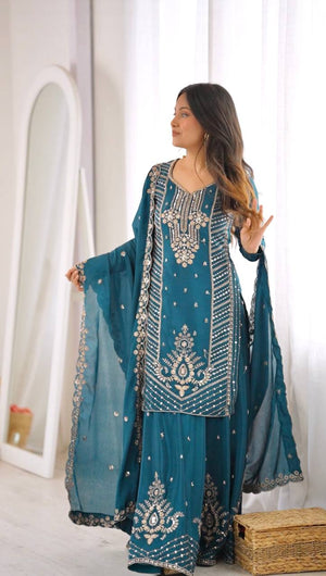 Teal Mirror Dana Bead Embroidered Suit