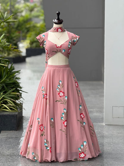 Dusty Rose Hand Painted Georgette Lehenga