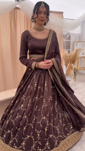 Mocha Royale Chinon Silk Thread and Sequin Lehenga Set