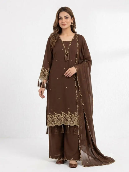 Brown Embroidered Rayon Suit