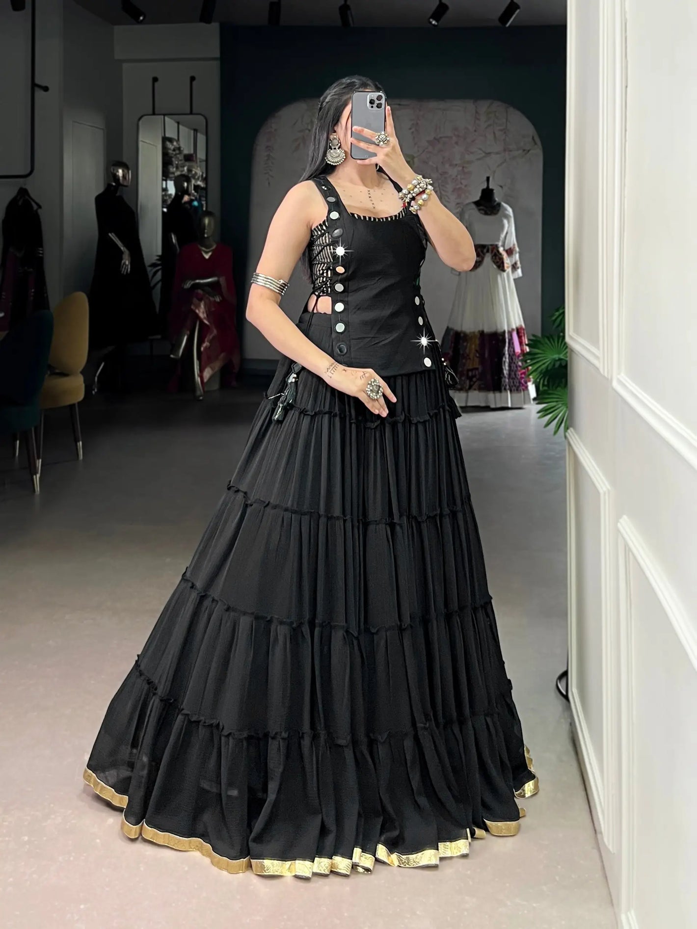 Ivory Majesty Marble Fabric Mirror Work Lehenga Set