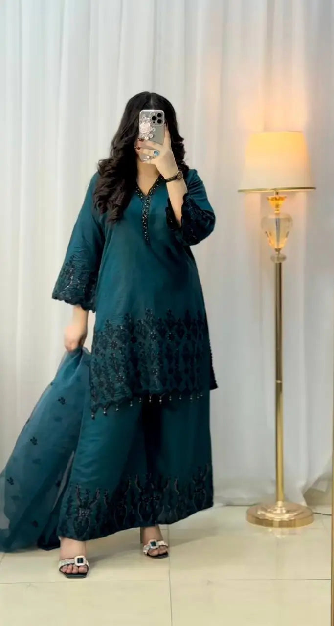 Embroidered Vichitra Silk Suit Set with Dupatta