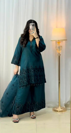 Embroidered Vichitra Silk Suit Set with Dupatta