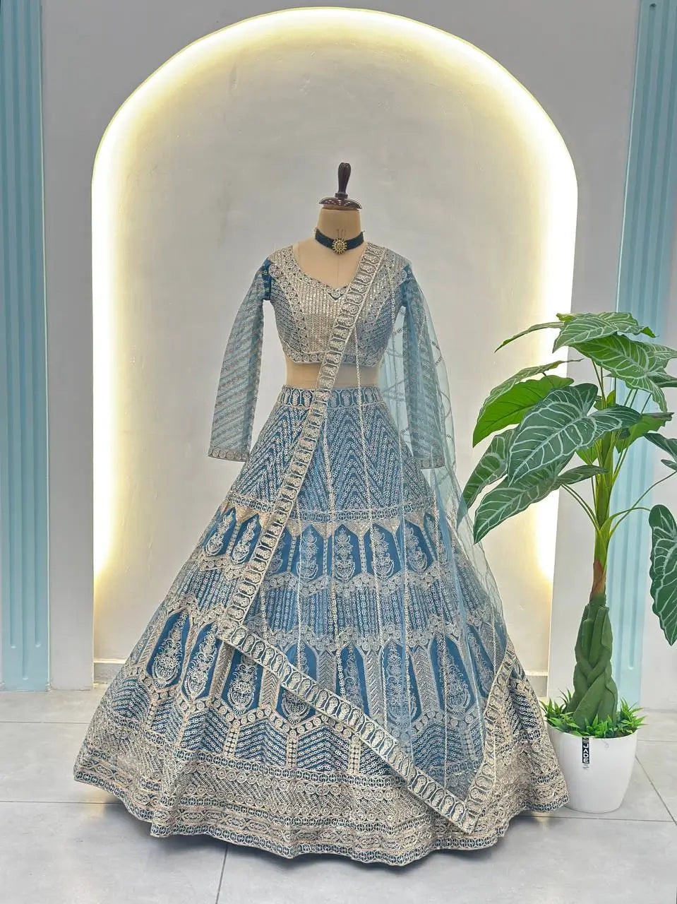Embroidered Net Lehenga Set