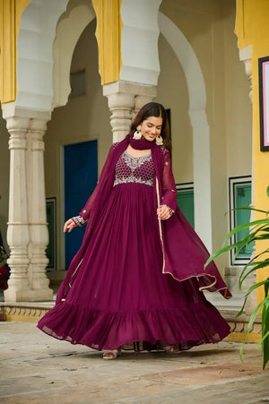 Wine Majesty Faux Blooming Beaded Embroidered Gown Set