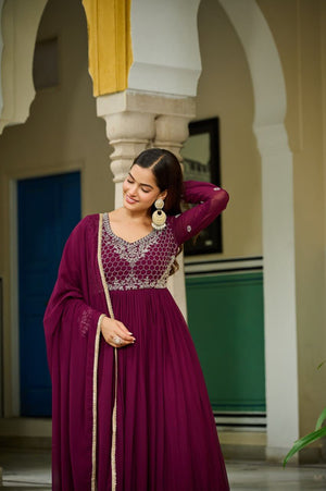 Wine Majesty Faux Blooming Beaded Embroidered Gown Set