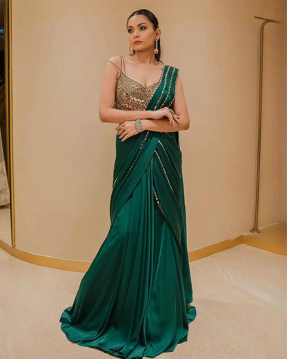Emerald Green Ready-to-Wear Mirror Work Saree with Unstitched Blouse