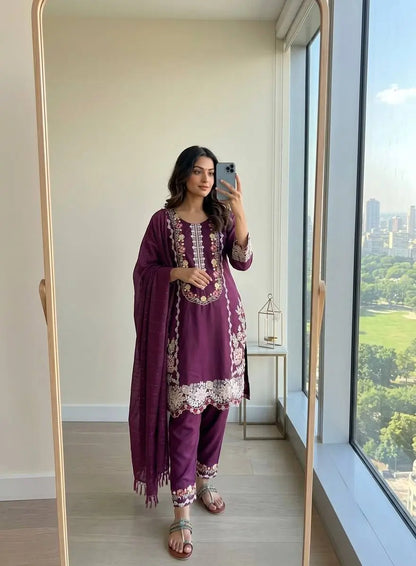 Rayon Satin Threadwork Suit
