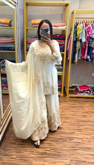 Luxury Chinnon Silk Embroidered Suit Set with Palazzo & Dupatta