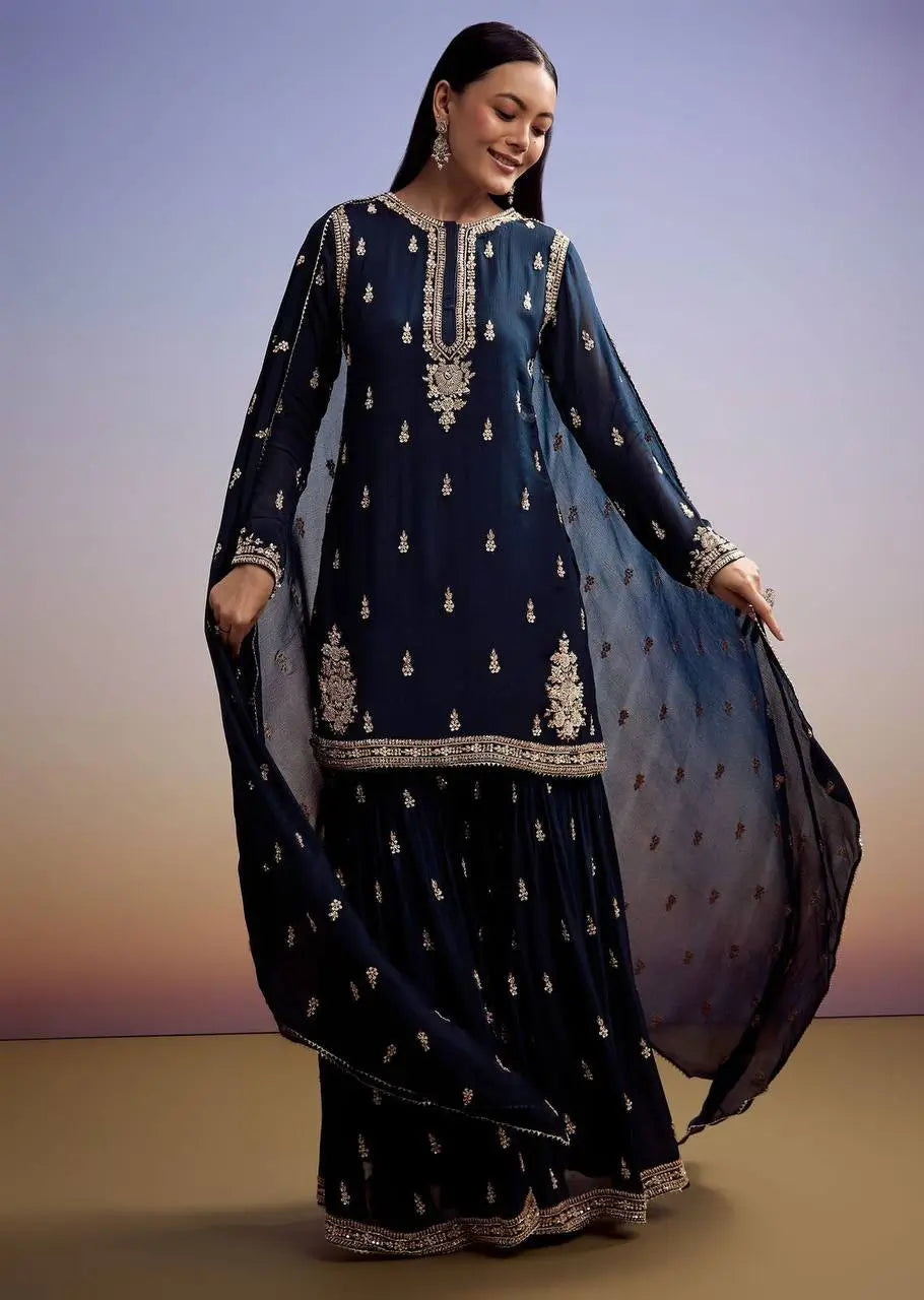 Navy Blue GMY Silk Heavy Embroidered Palazzo Set